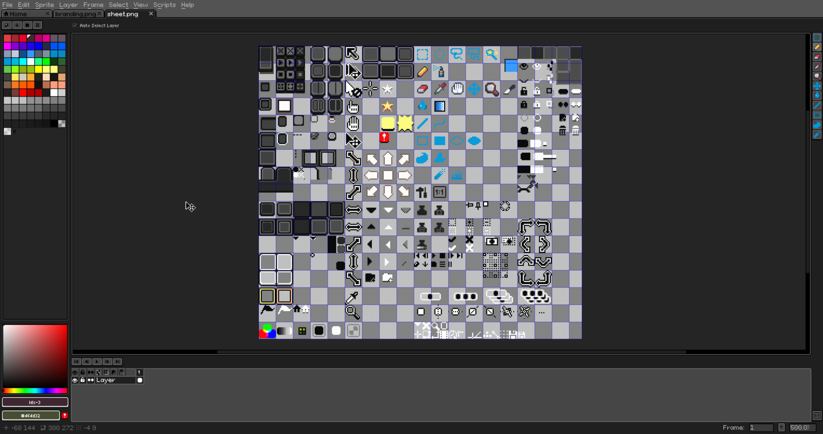 Besprited editing a pixel-art sprite, with the timeline, layers and palette panels visible.